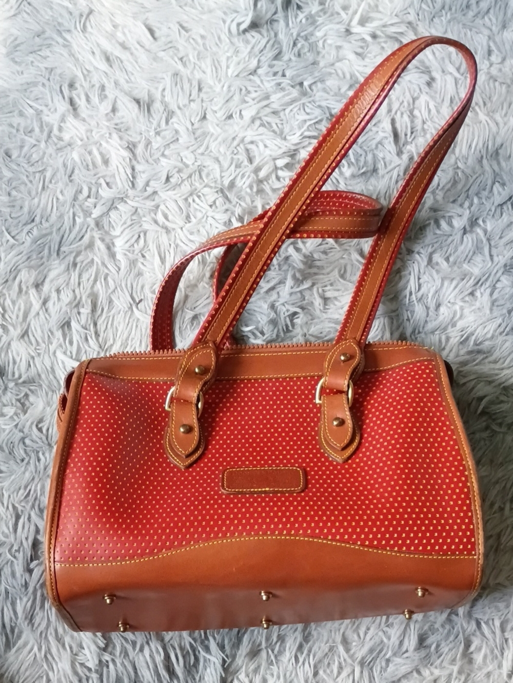 Dooney And Bourke Vintage Red Polka Dot Shoulder Bag with Tan Trim